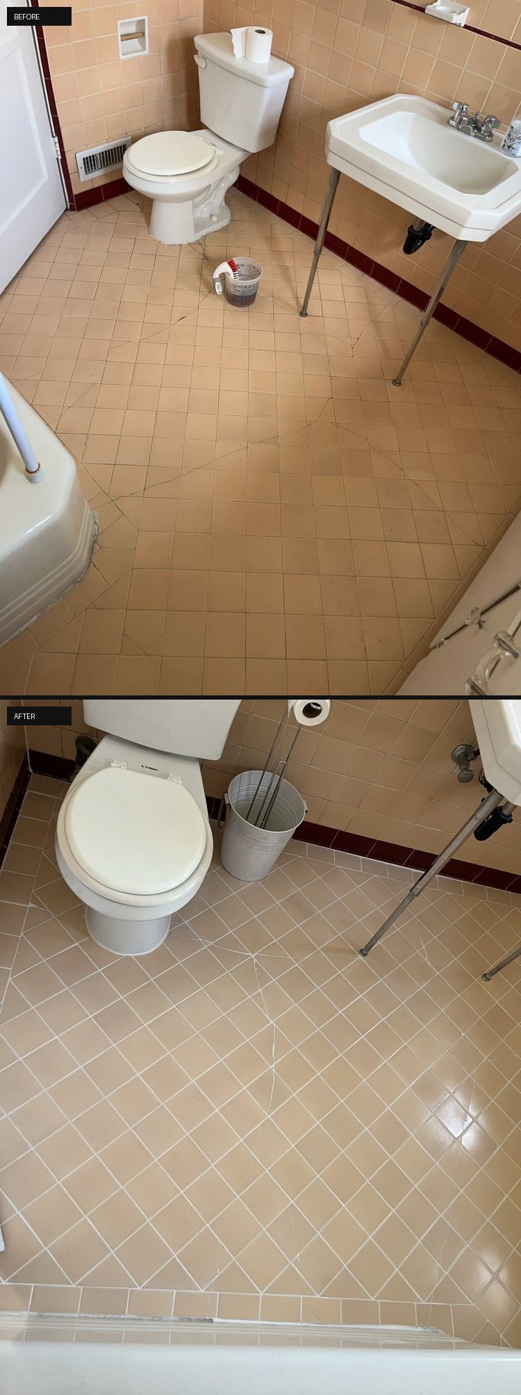 Vintage Bixby Knolls bathroom floor before and after - Regrout Systems